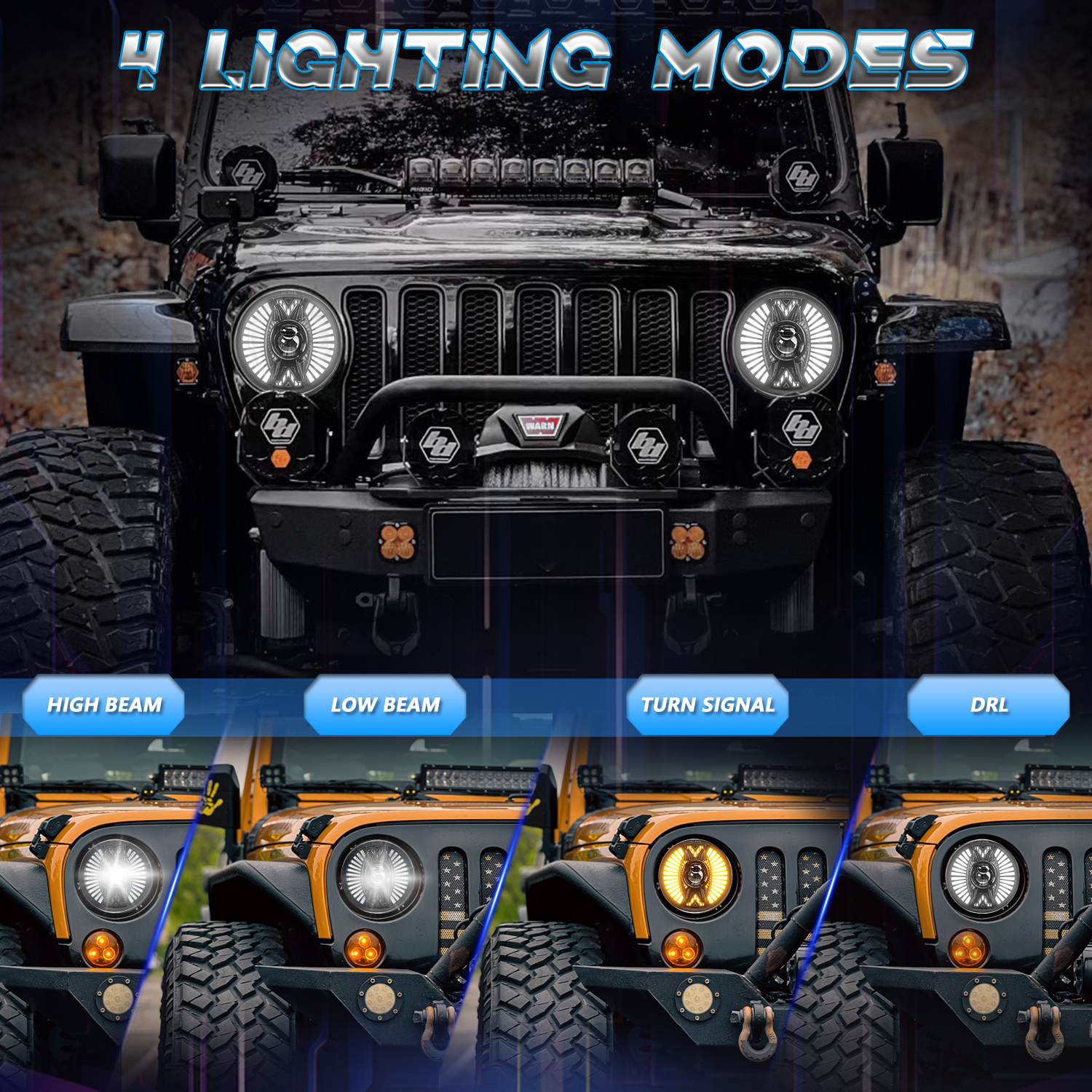 The LED headlights of the Wrangler have been changed to high beams. The 7-inch dual-color yellow light has been shifted to daytime running lights, lens LED lights and spotlights pic 7
