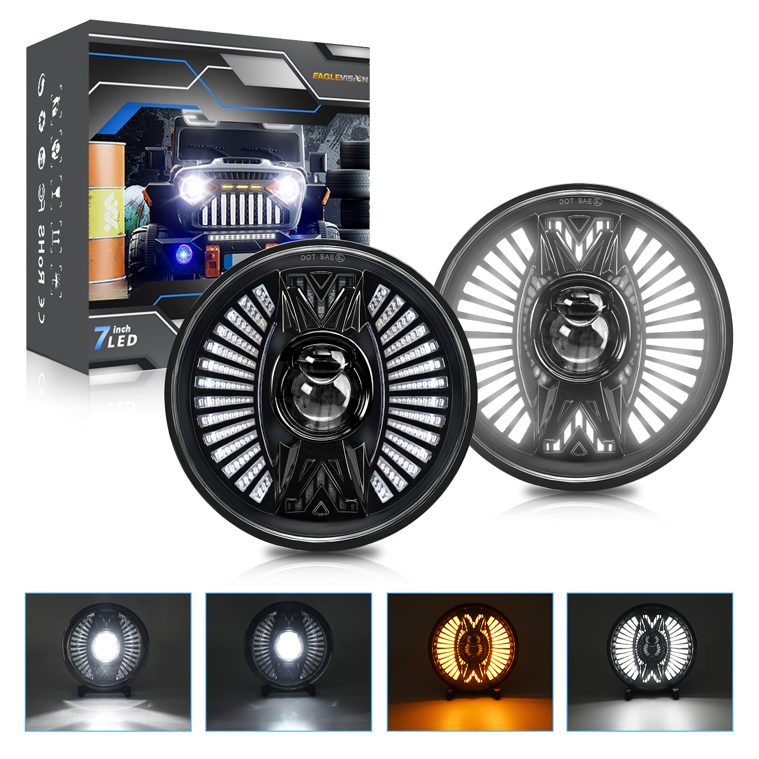 The LED headlights of the Wrangler have been changed to high beams. The 7-inch dual-color yellow light has been shifted to daytime running lights, lens LED lights and spotlights details Picture
