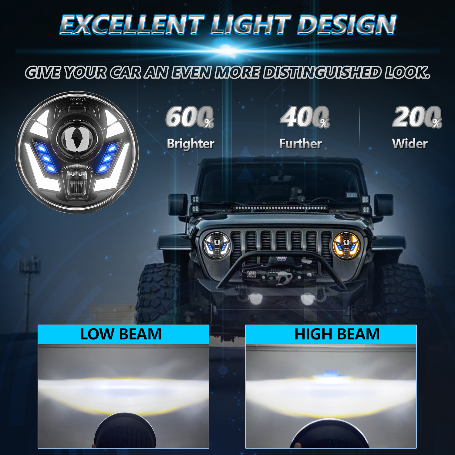New model of car LED headlights, land Cruiser headlights, 7-inch daytime running lights, headlights, turn signals and round Wrangler lights pic 11