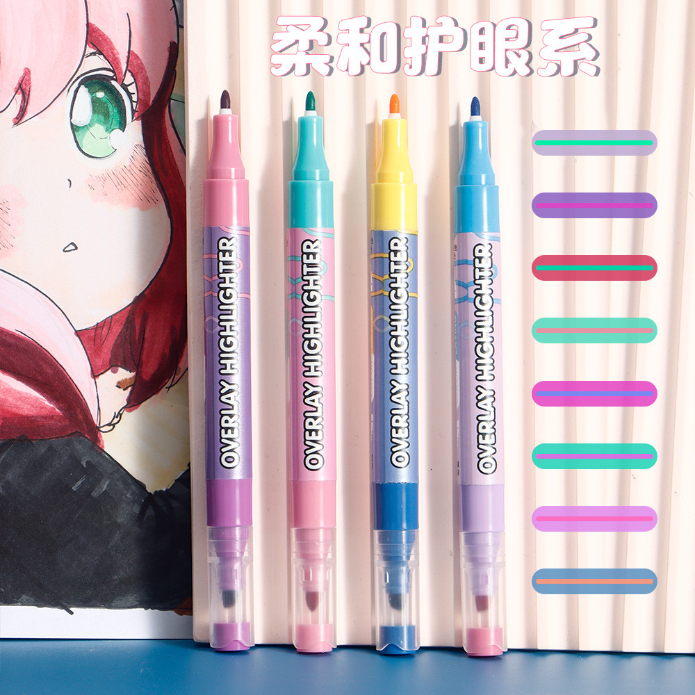 Double-ended dual-color highlighter, 8-color large-capacity key point marking pen, student hand-written pen, multi-color highlighter, marker, acrylic marker details Picture