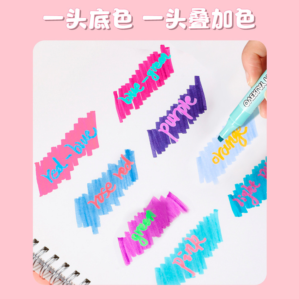 Double-ended dual-color highlighter, 8-color large-capacity key point marking pen, student hand-written pen, multi-color highlighter, marker, acrylic marker Application Scenario