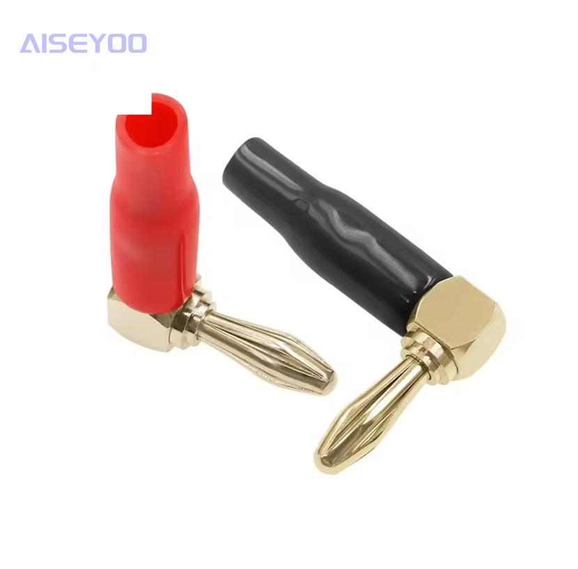 Gold-plated all-copper 4mm banana plug L-shaped 90-degree soft rubber banana speaker wiring head, speaker head, banana head details Picture
