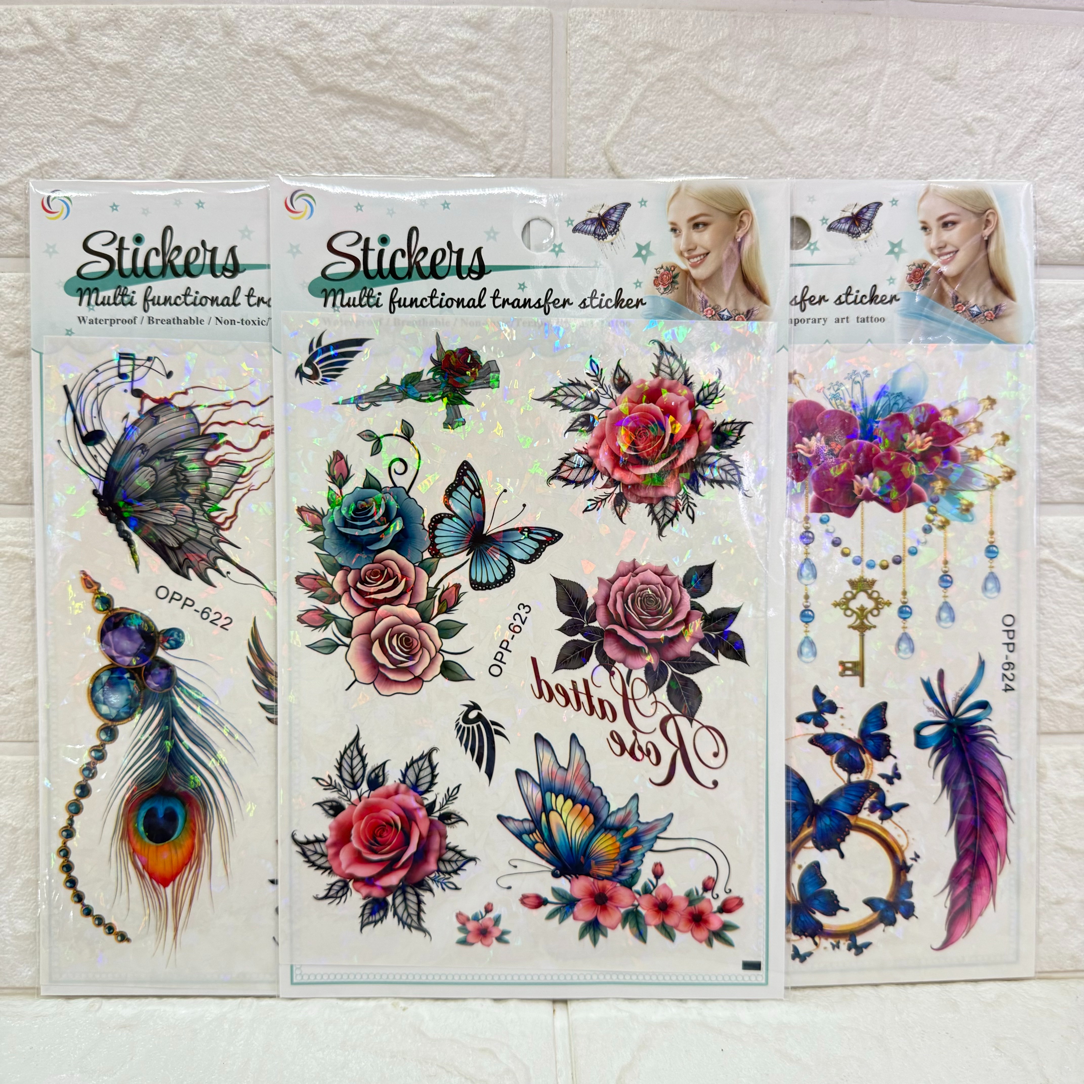 Removable laser tattoo stickers, flower, butterfly, feather, Wolf head, owl, bird tattoo stickers, fresh and cute tattoo stickers Specification image