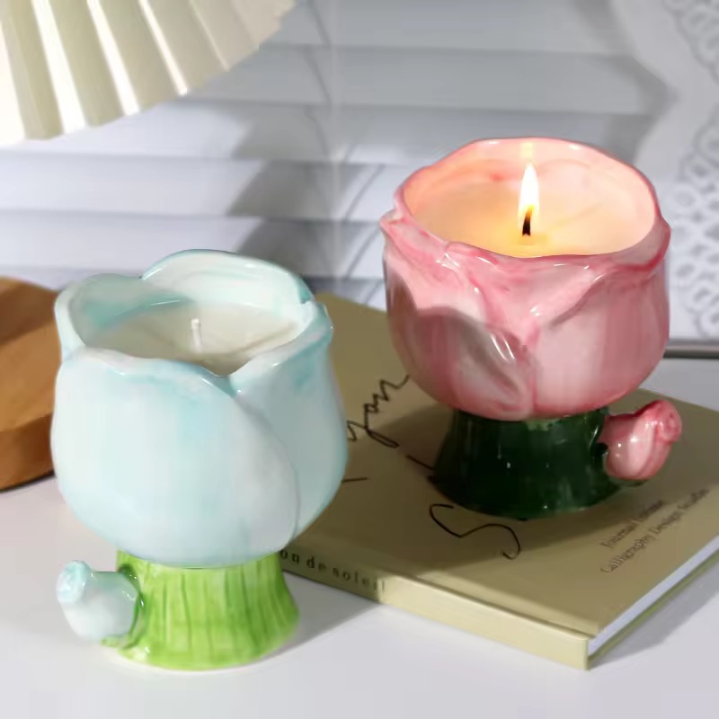 Tulip ceramic scented wax Valentine's Day, Mother's Day, Thanksgiving Day gift, wedding gift, long-lasting scented gift box decoration, tulip ceramic low-temperature scented candle, cute girl birthday gift, bedroom long-lasting scented gift box decoration details Picture
