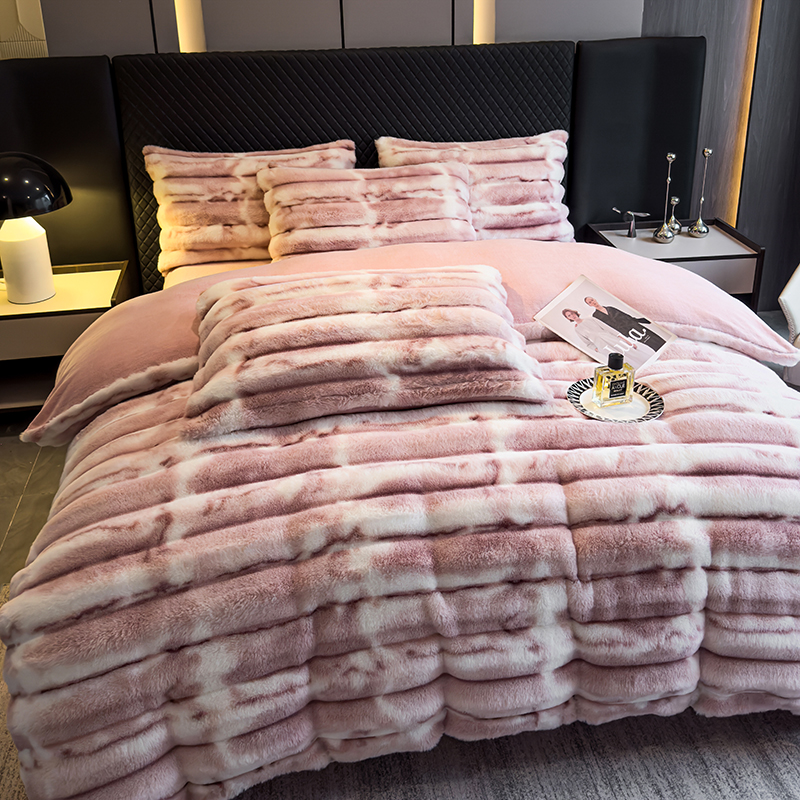 Wholesale of four-piece sets of thick, soft and fine plush warm wide striped rabbit plush bed sheets for cross-border autumn and winter pic 6