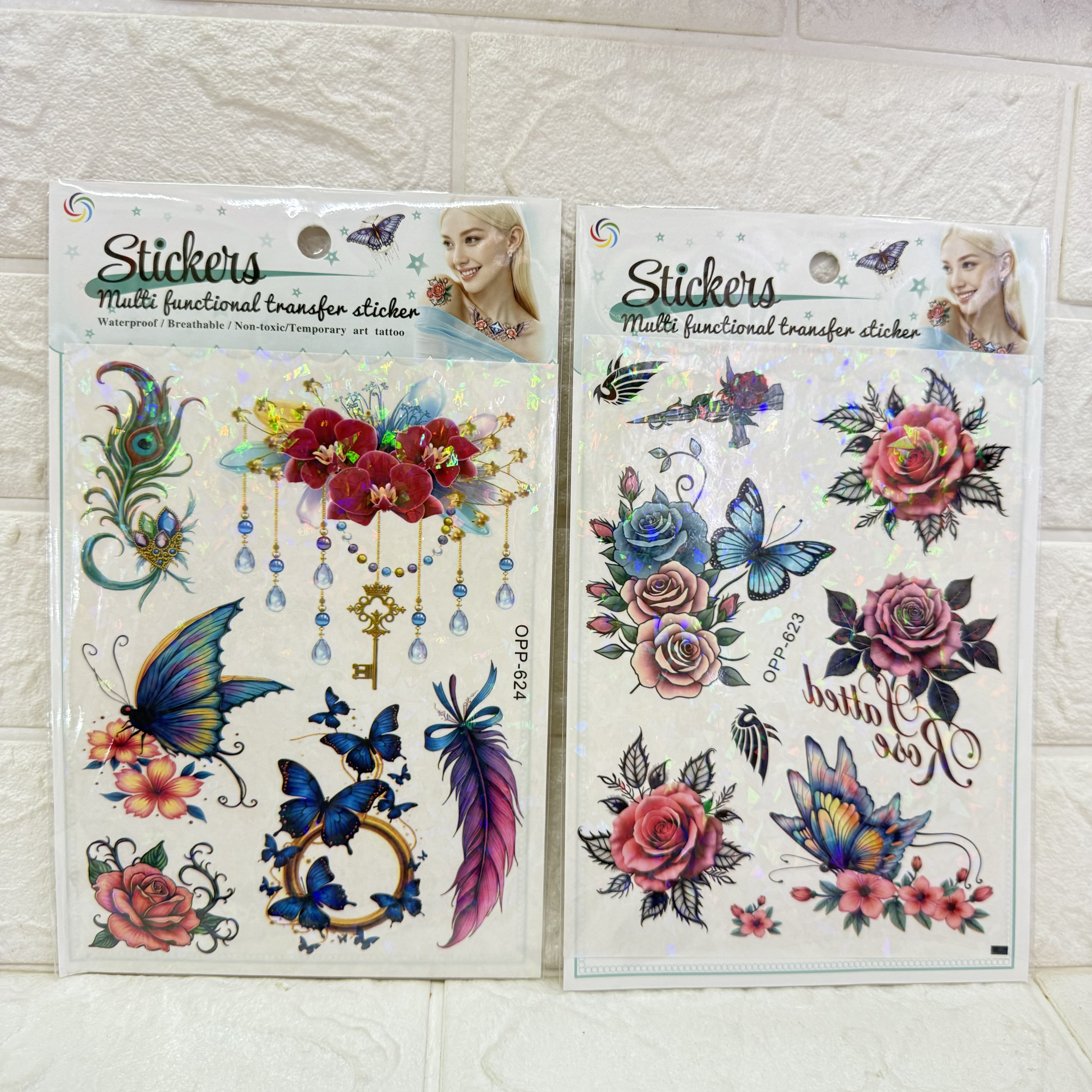 Removable laser tattoo stickers, flower, butterfly, feather, Wolf head, owl, bird tattoo stickers, fresh and cute tattoo stickers Application Scenario