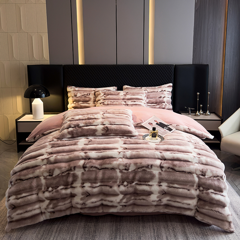 Wholesale of four-piece sets of thick, soft and fine plush warm wide striped rabbit plush bed sheets for cross-border autumn and winter pic 19