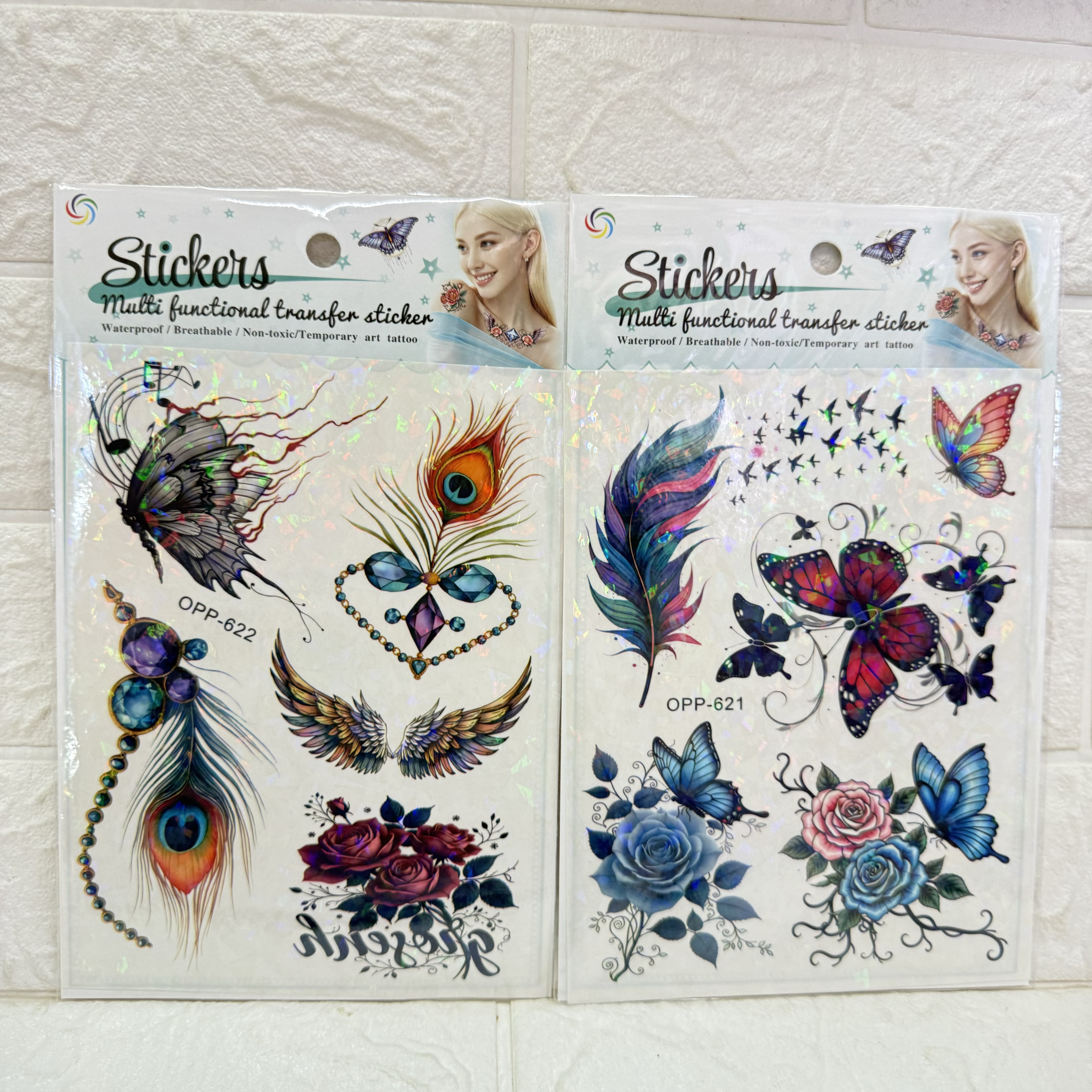 Removable laser tattoo stickers, flower, butterfly, feather, Wolf head, owl, bird tattoo stickers, fresh and cute tattoo stickers Item Picture