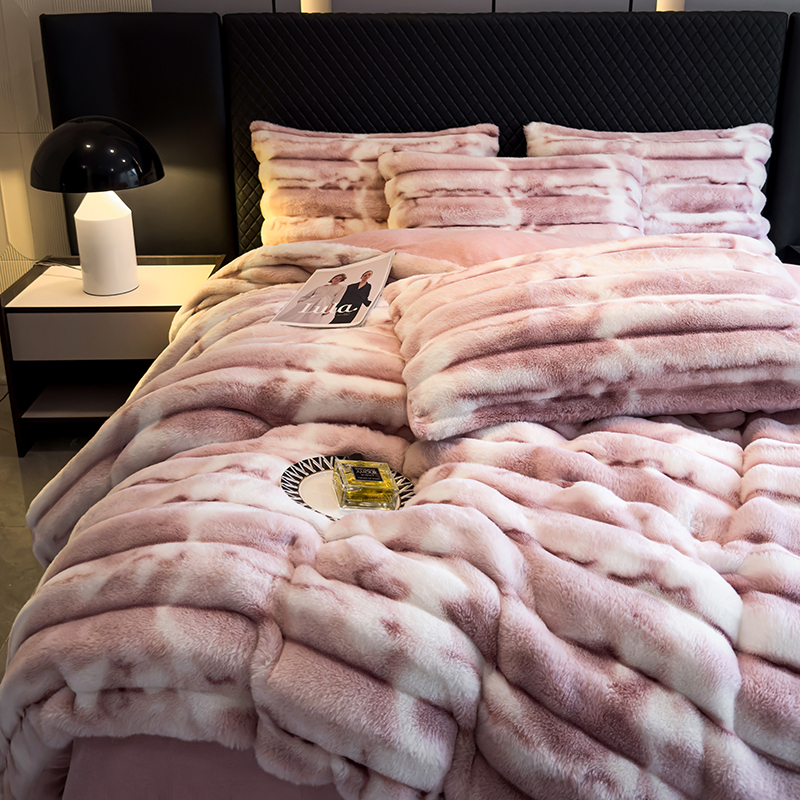 Wholesale of four-piece sets of thick, soft and fine plush warm wide striped rabbit plush bed sheets for cross-border autumn and winter pic 4