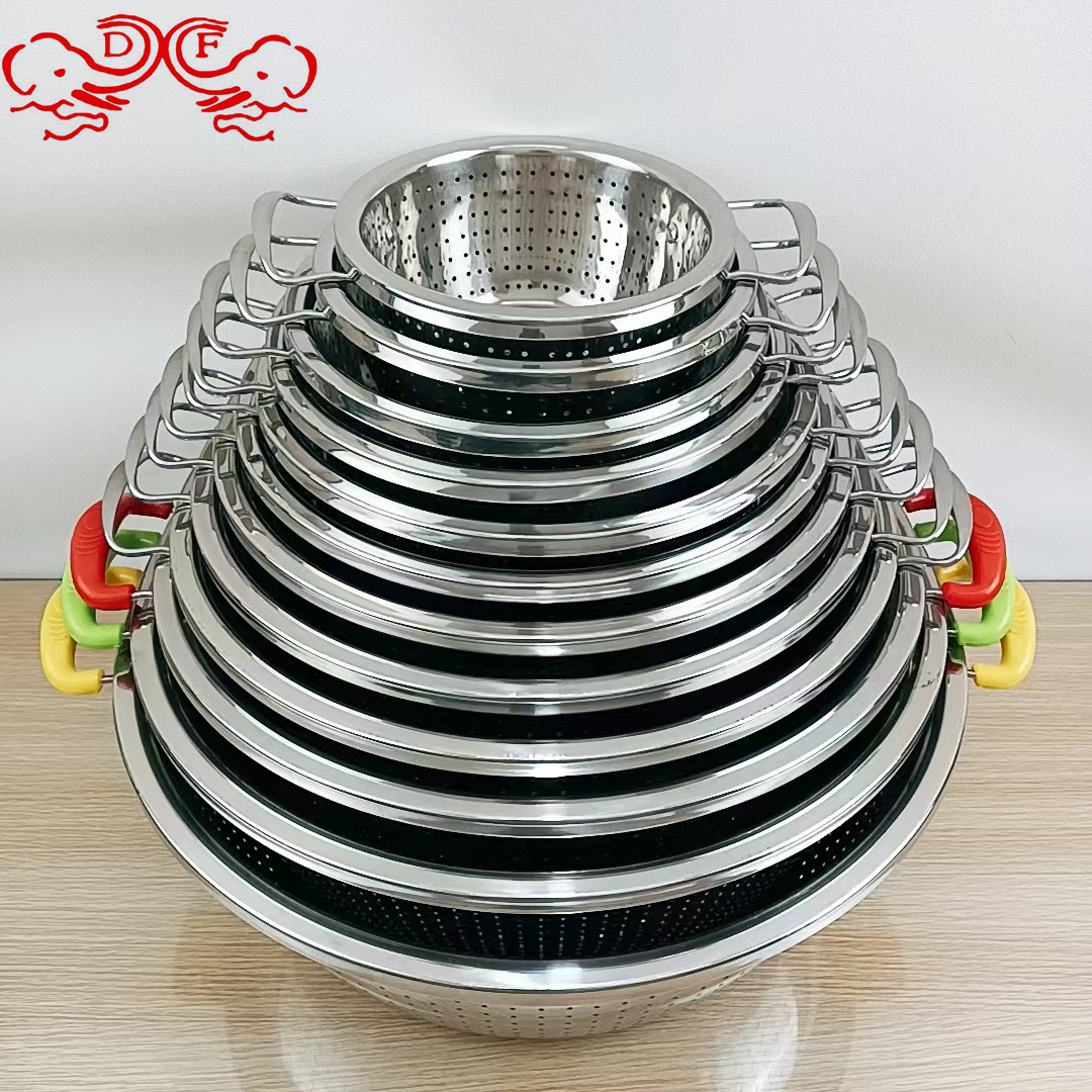 DF99946 stainless steel rice-washing magic tool, double-ear color ear draining basket, multi-hole basket, kitchen sink with handle for washing rice, DF TRADINGHOUSE