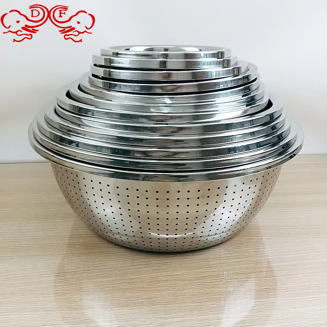DF99946 New stainless steel rice sieve and rice washing sieve with perforated design, made of 304 stainless steel, available in multiple sizes, DF TRADINGHOUSE