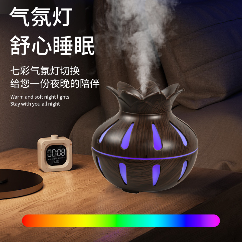 New lotus wood grain silent seven-color air diffuser humidifier USB vase Bedroom and office diffuser humidifier Specification image