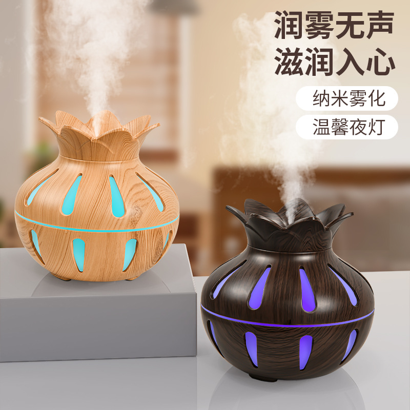 New lotus wood grain silent seven-color air diffuser humidifier USB vase Bedroom and office diffuser humidifier