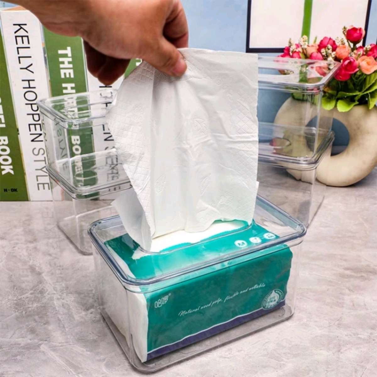 jy8012-1中号透明纸巾盒带盖餐巾纸收纳盒子学生宿舍抽纸盒