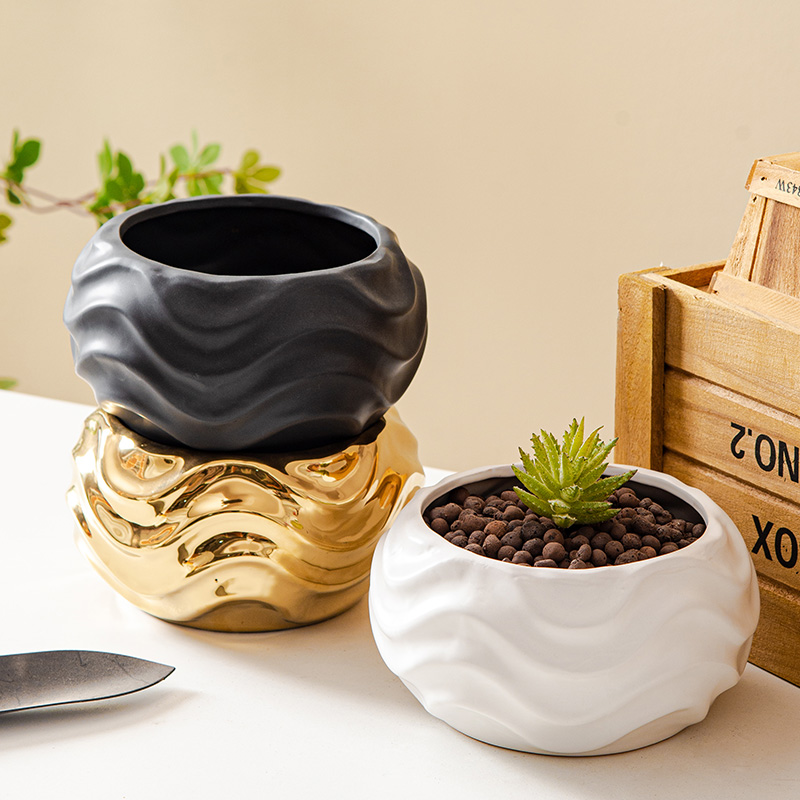陶瓷金色花盆花瓶波浪纹白色黑色水培仿真花花盆餐桌庭院花器花盆