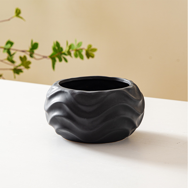 Ceramic gold flowerpot vase, wavy pattern, white and black hydroponic artificial flower flowerpot, table, courtyard flower vase, flowerpot Item Picture