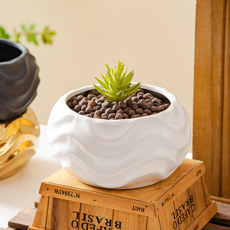 Ceramic gold flowerpot vase, wavy pattern, white and black hydroponic artificial flower flowerpot, table, courtyard flower vase, flowerpot Specification image