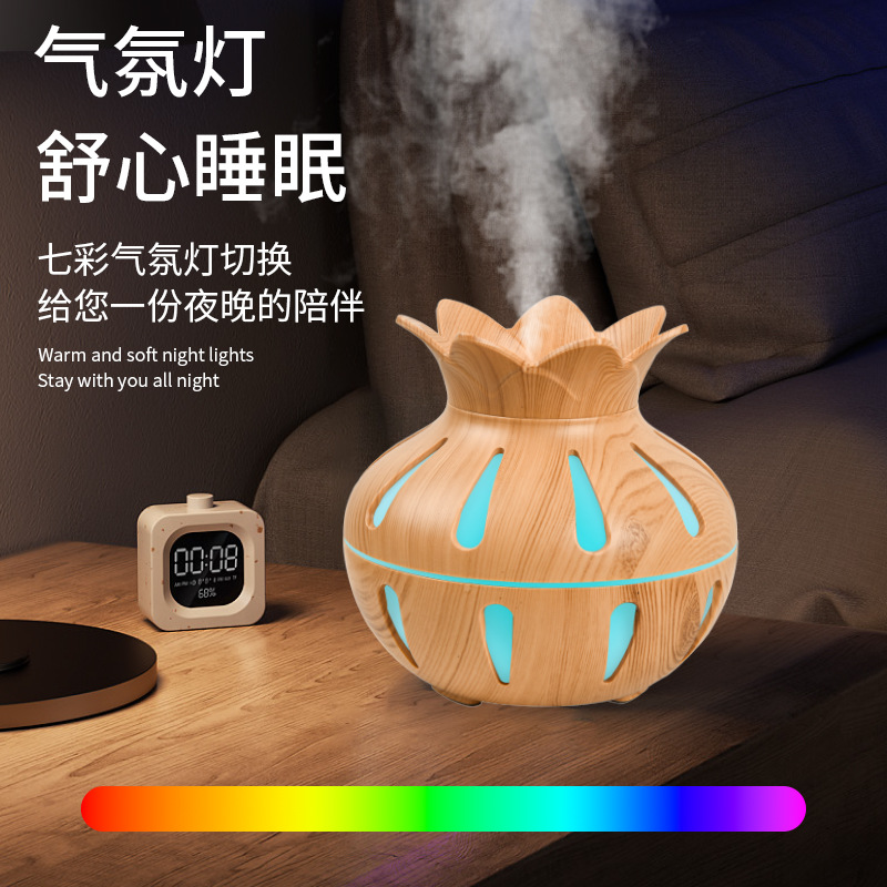 New lotus wood grain silent seven-color air diffuser humidifier USB vase Bedroom and office diffuser humidifier details Picture