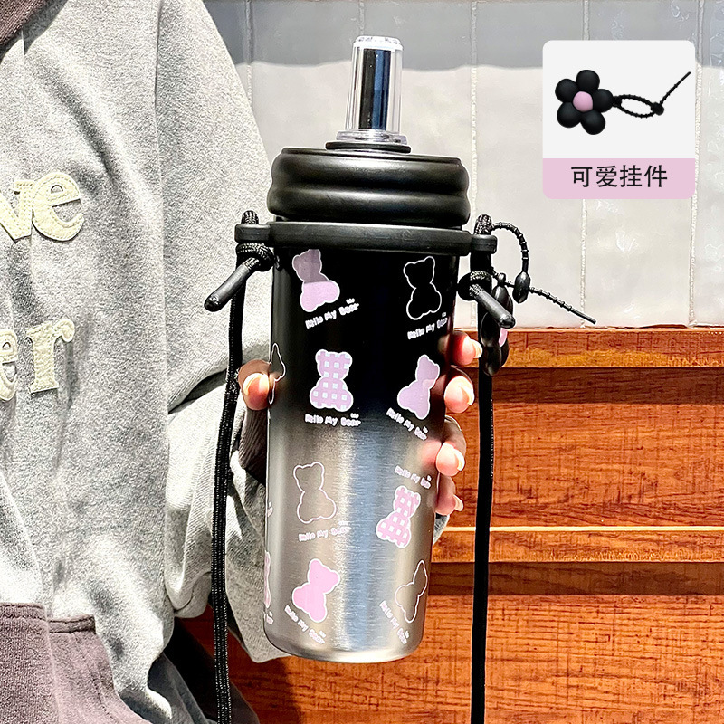 Straw Insulated Cup, Portable For Girls, High Appearance Level, New 2024 Model With Shoulder Strap, Large-Capacity Water Cup, Cute Children's Cup, Plastic Water Cup Item Picture