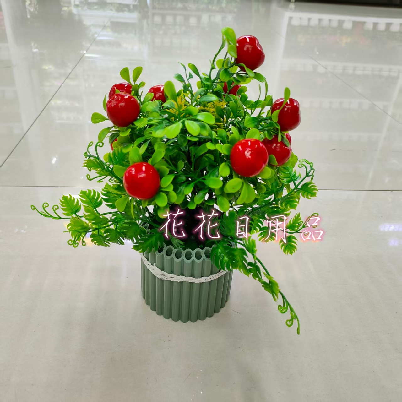 Artificial flowers, fake flower bonsai, bamboo, plastic POTS, fruit ornaments details Picture