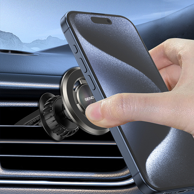 "Guardian Series mobile phone universal stand, alloy air outlet magnetic attraction car stand, silicon mobile phone car stand. Specification drawing