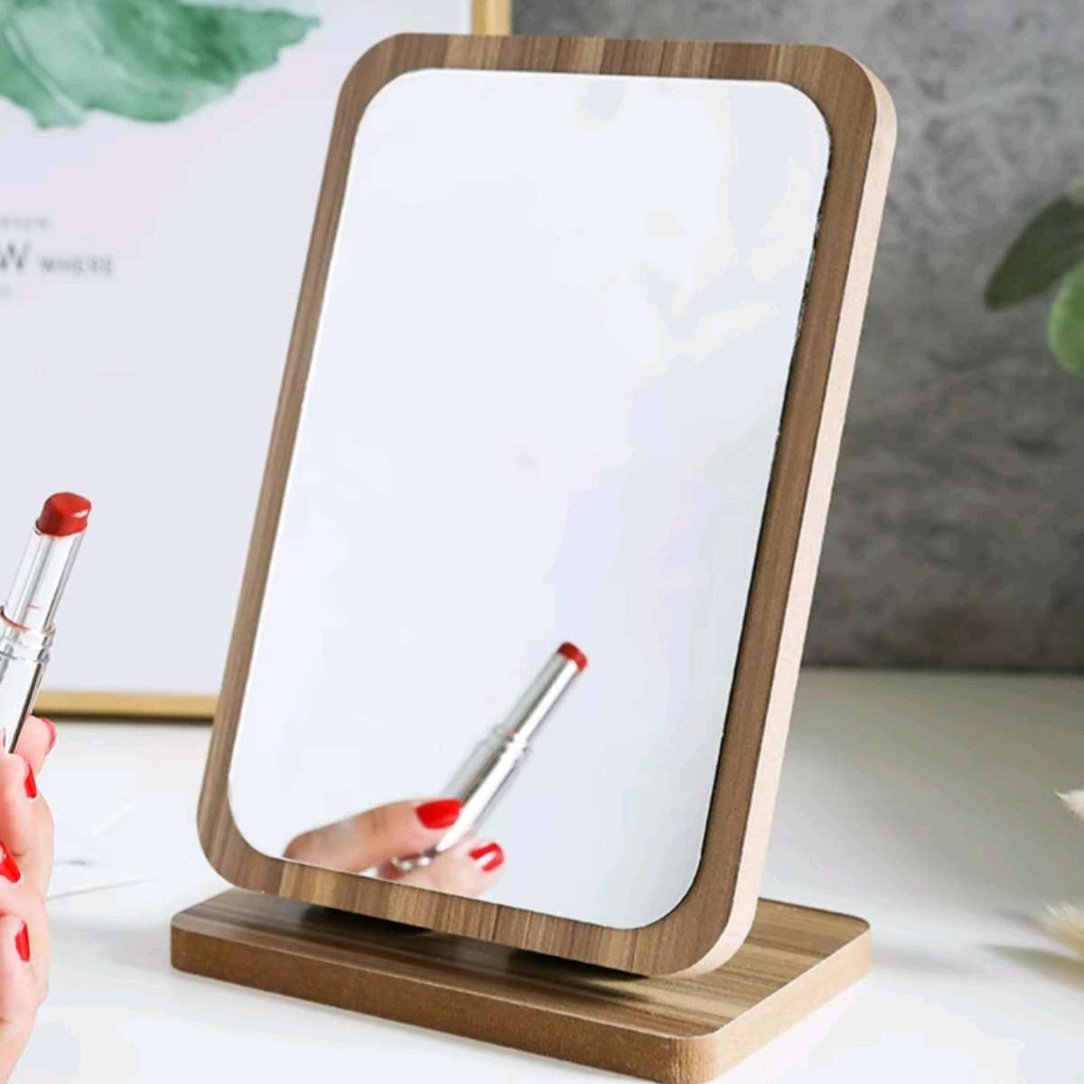 176小号方形木质台式化妆镜子可立折叠单面梳妆镜学生便携宿舍桌面镜产品图