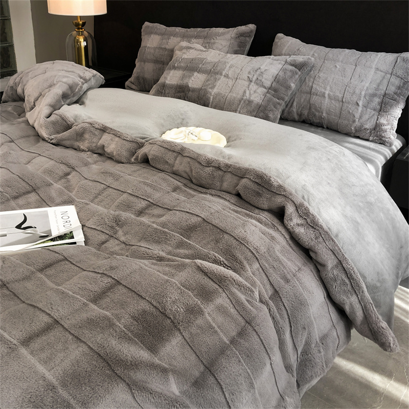 Winter A-class rabbit plush bed four-piece set, milk plush and fleece quilt cover, thickened warm coral flannel bed sheet 4 Specification image