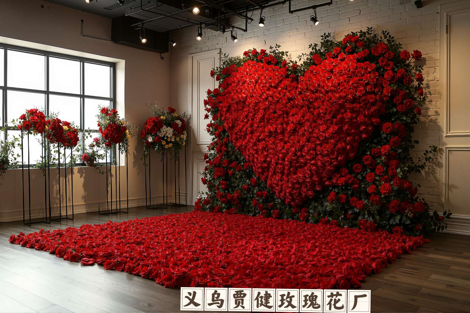 仿真单只绒布玫瑰花情人节婚礼商场假花户外瀑布花墙布置厂家直销 