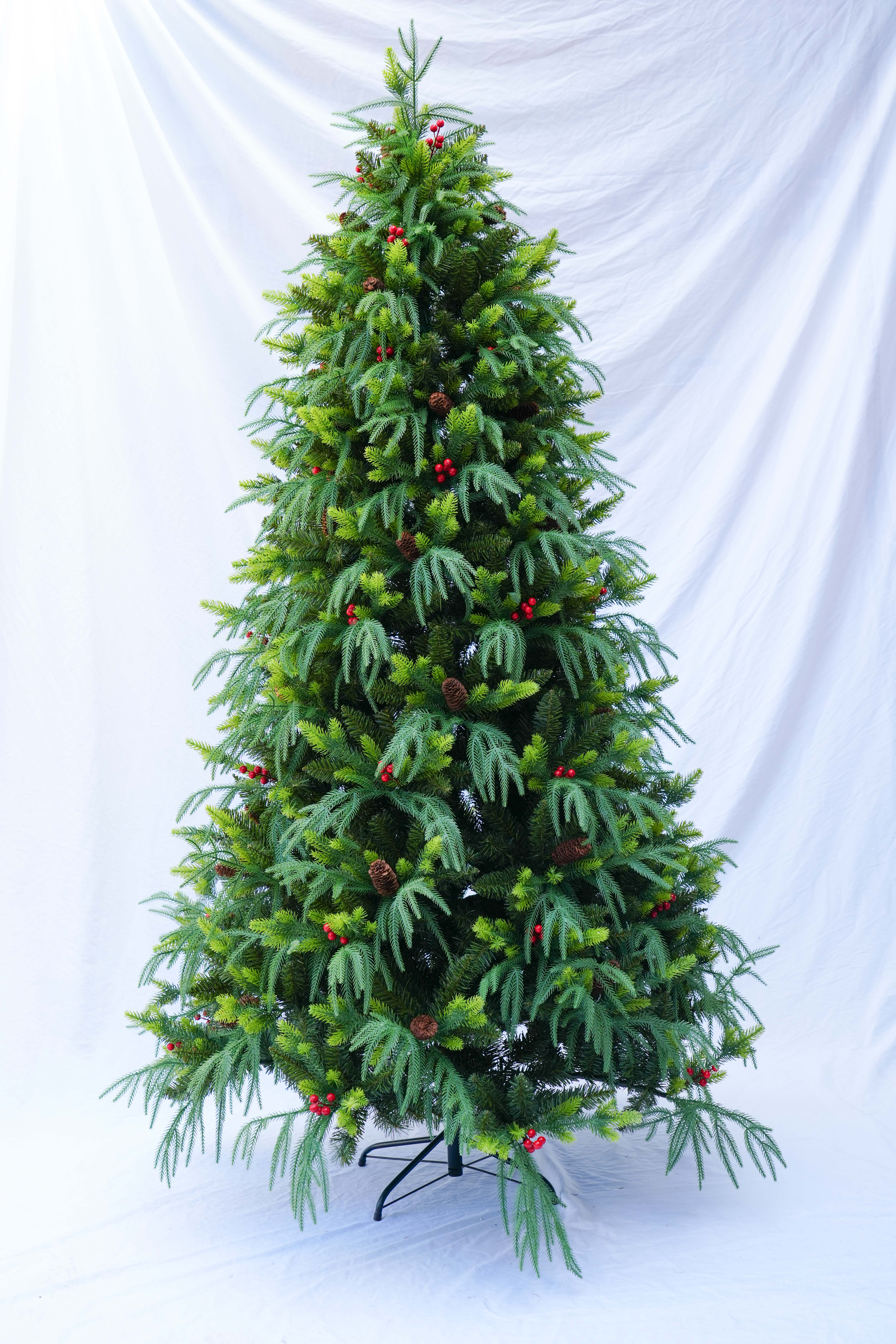 2025 New model Jinda Factory direct sales 1.2m-3m willow leaf PE mixed PVC automatic Christmas tree with pinecone red fruit