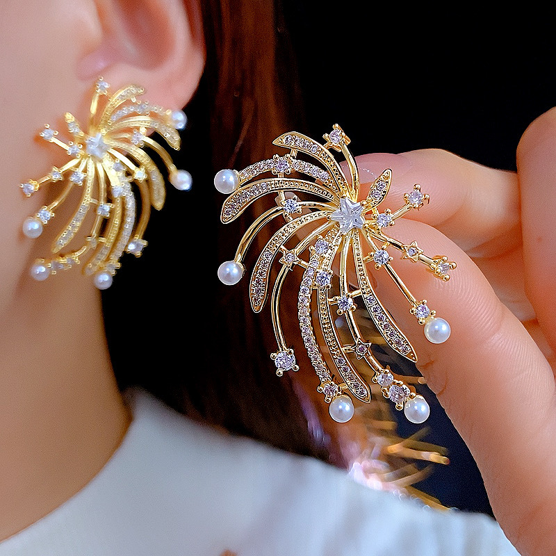 Silver needle firework pearl stud earrings, a niche fashion, light luxury and vacation style earring, a high-end feel, versatile for spring and autumn, heavy craftsmanship earrings