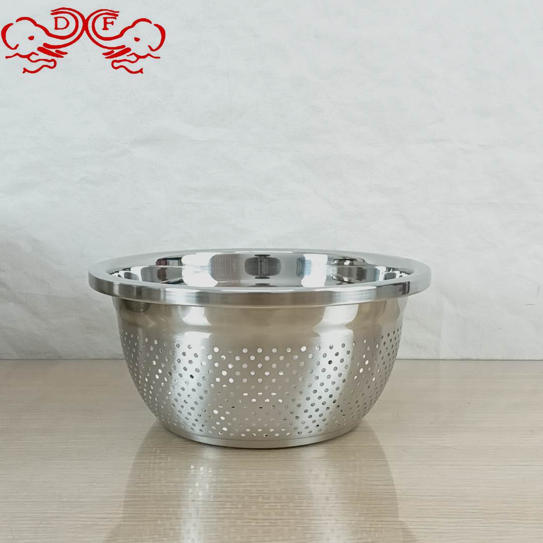 DF68626 stainless steel basin, food-grade household kitchen draining basket, vegetable washing basin, leaky basin, vegetable basin, rice-washing and vegetable filtering basket, DF TRADINGHOUSE Item Picture