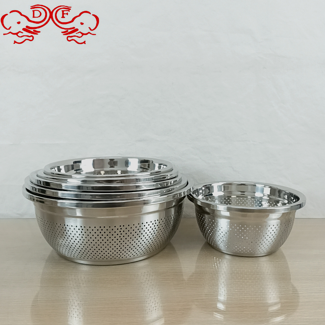 DF68626 stainless steel basin, food-grade household kitchen draining basket, vegetable washing basin, leaky basin, vegetable basin, rice-washing and vegetable filtering basket, DF TRADINGHOUSE