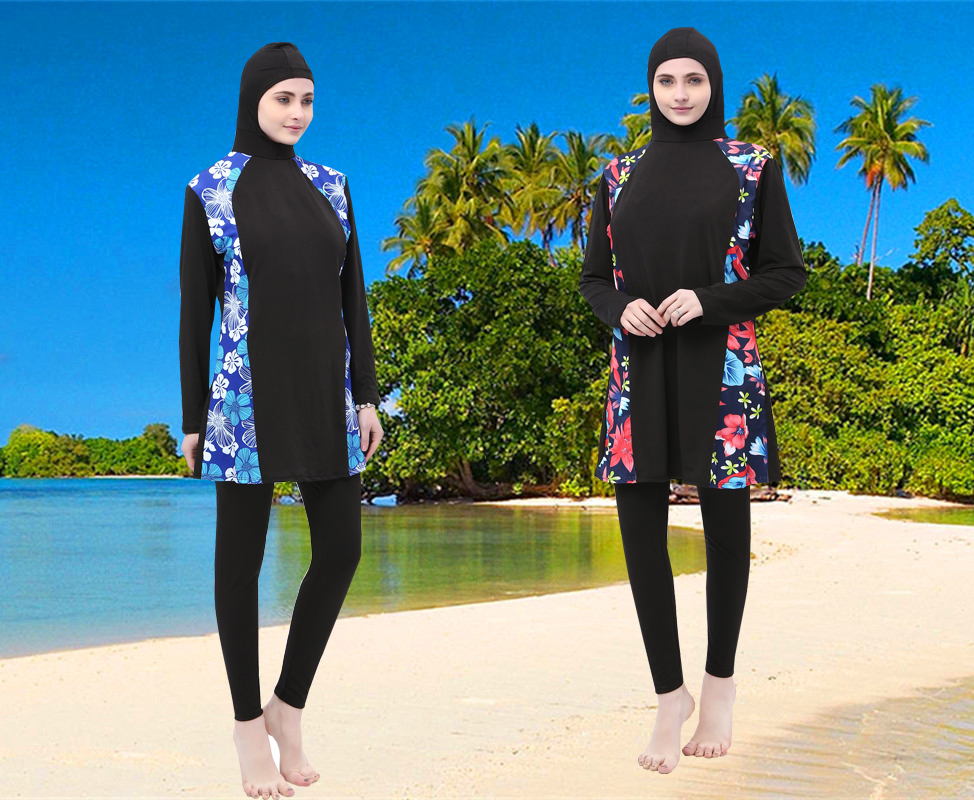 跨境专卖穆斯林女士分体泳衣长袖保守防晒二件套沙滩温泉泳衣Muslimswimwear