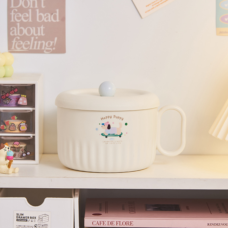 S137-1056 Cute and fun stainless steel instant noodle bowl, cartoon cat and dog with lid handle lunch box, large capacity for dormitory students Specification image