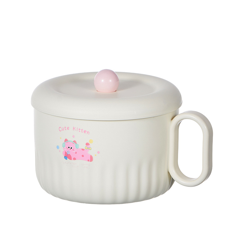 S137-1056 Cute and fun stainless steel instant noodle bowl, cartoon cat and dog with lid handle lunch box, large capacity for dormitory students Item Picture