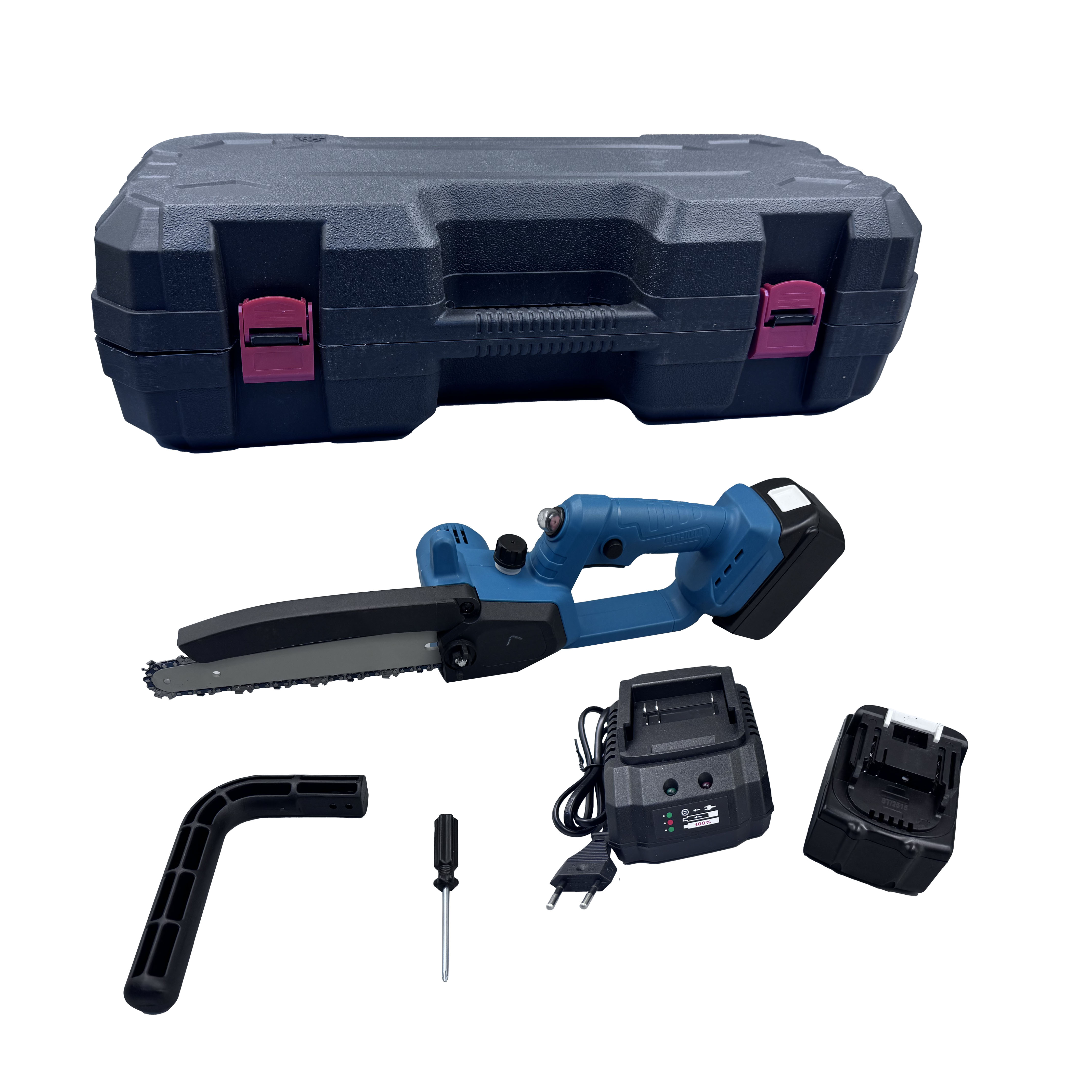 8寸无刷电链锯 充电式伐木修枝锯 家用 单手锯手持锂电锯白底实物图