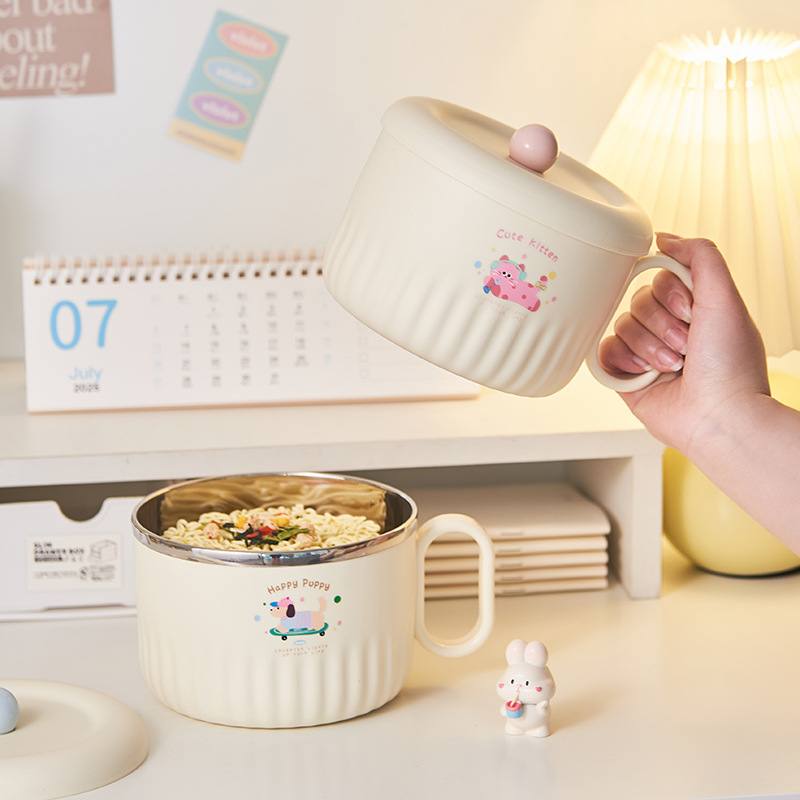 S137-1056 Cute and fun stainless steel instant noodle bowl, cartoon cat and dog with lid handle lunch box, large capacity for dormitory students
