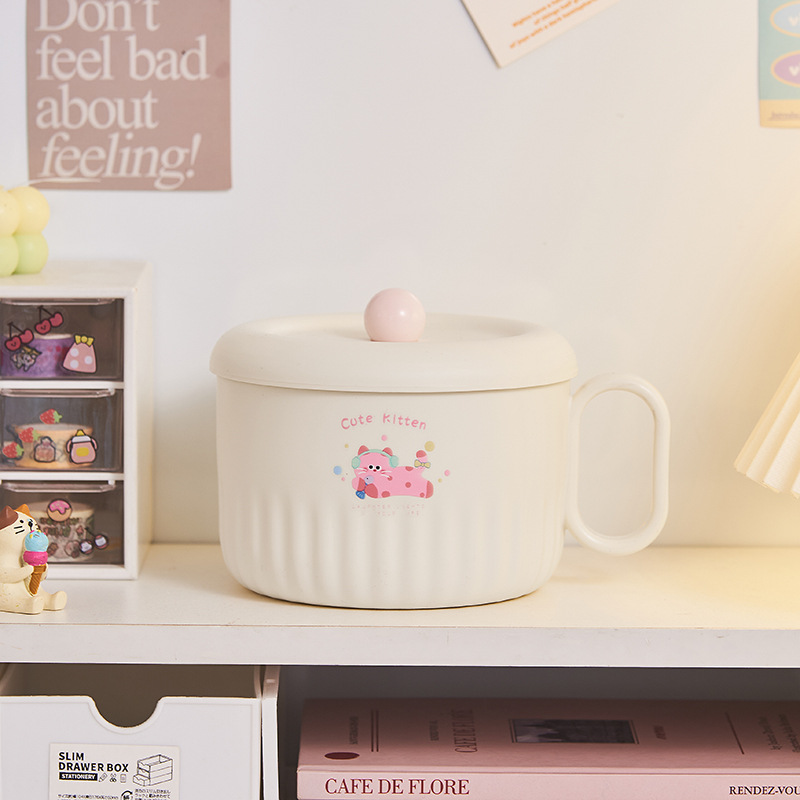 S137-1056 Cute and fun stainless steel instant noodle bowl, cartoon cat and dog with lid handle lunch box, large capacity for dormitory students details Picture
