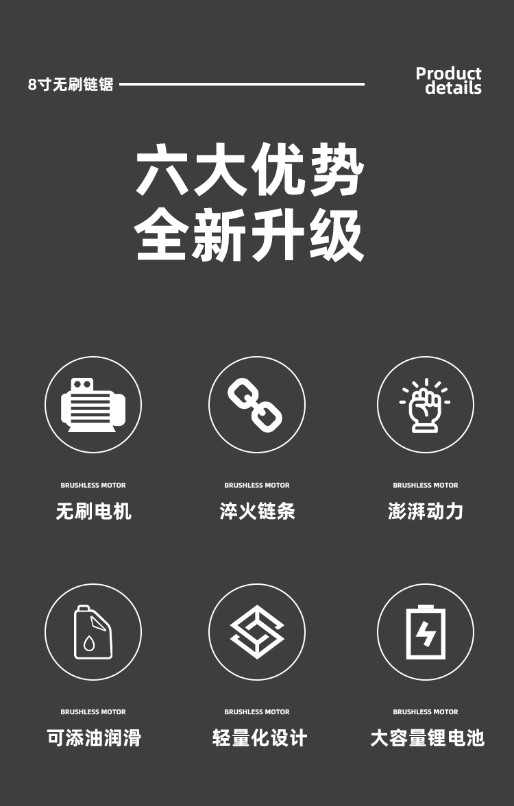 8寸无刷电链锯 充电式伐木修枝锯 家用 单手锯手持锂电锯详情2