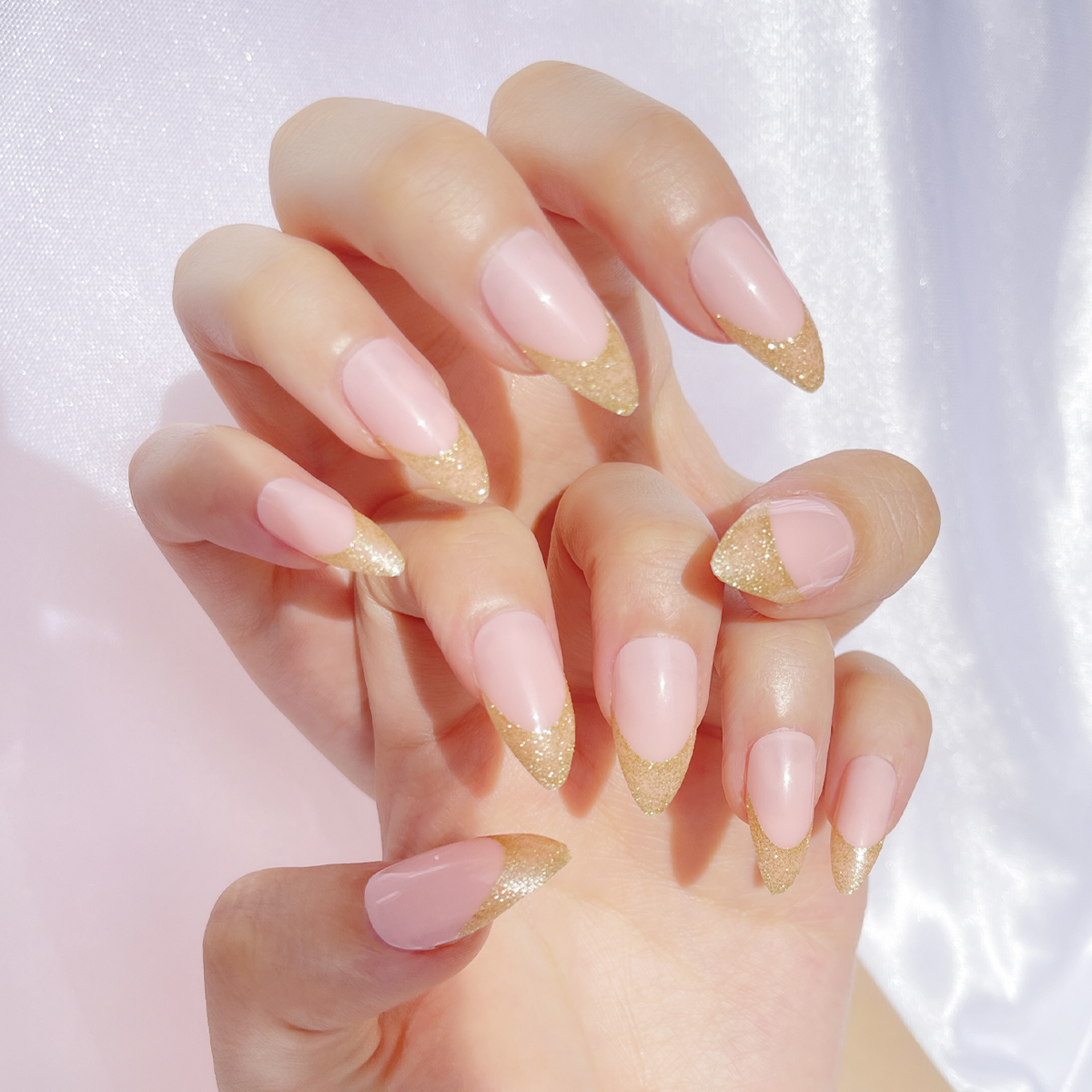 24 PCS PRESS ON NAIL TIPS STILETTO SHAPE FRENCH STYLE GOLD GLITTER full figure