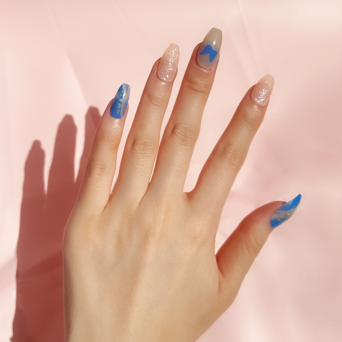 24 PCS PRESS ON NAIL TIPS COFFIN SHAPE GLITTER BUTTERFLY PATTERN Specification drawing