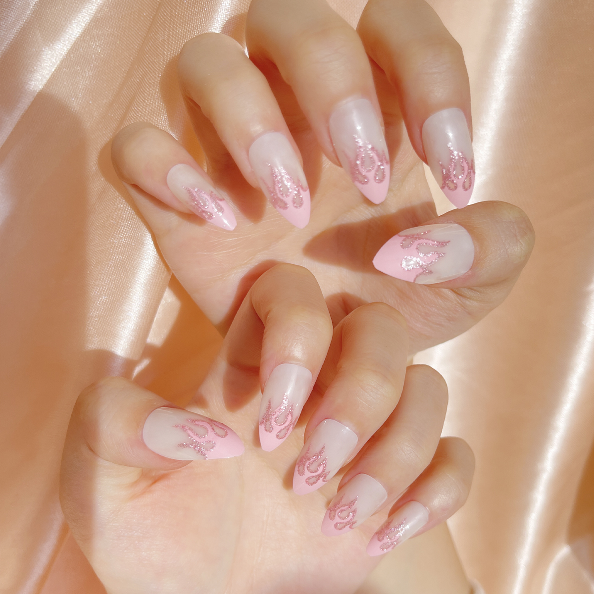 24pcs Press On Nail Tips Stiletto nail shape pink fire Glitter  full figure