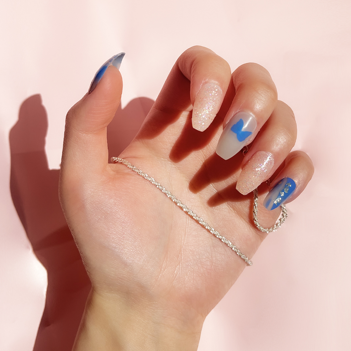 24 PCS PRESS ON NAIL TIPS COFFIN SHAPE GLITTER BUTTERFLY PATTERN details Picture