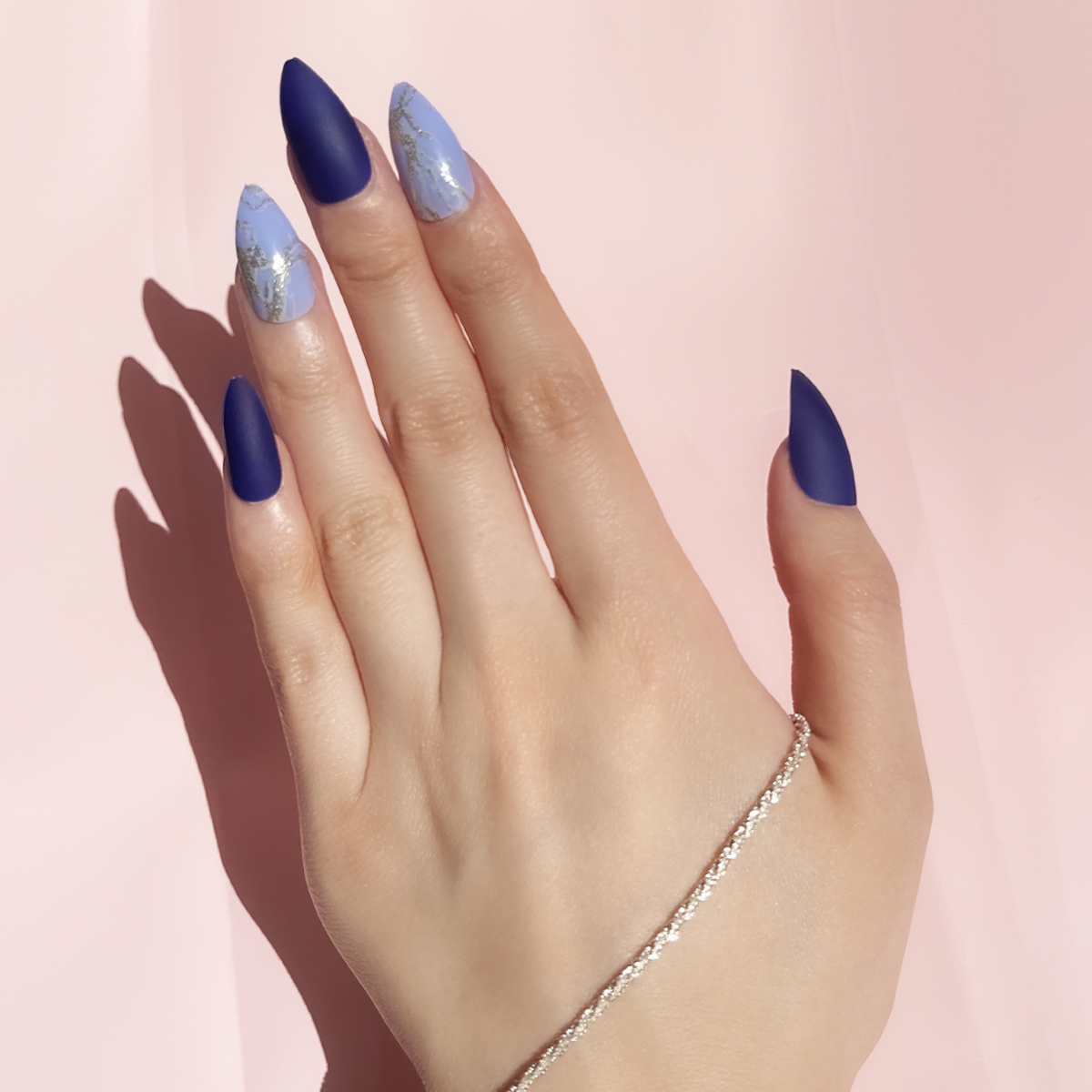 24 PCS PRESS ON NAIL TIPS STILETTO SHAPE BLUE MATTE WITH GOLD GLITTER Application Scenario