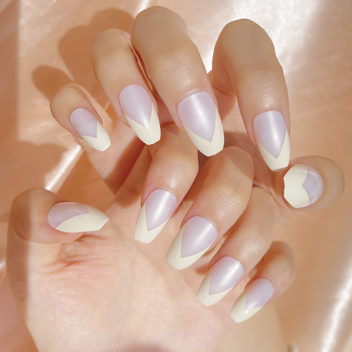 24 PCS PRESS ON NAIL TIPS COFFIN SHAPE FRENCH STYLE PERAL EFFECT details Picture