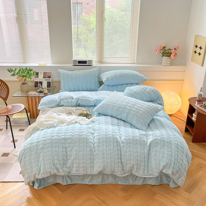 ins Thickened four-piece set of warm imitation rex rabbit fur double-sided fleece quilt cover, solid color milk fleece bedding