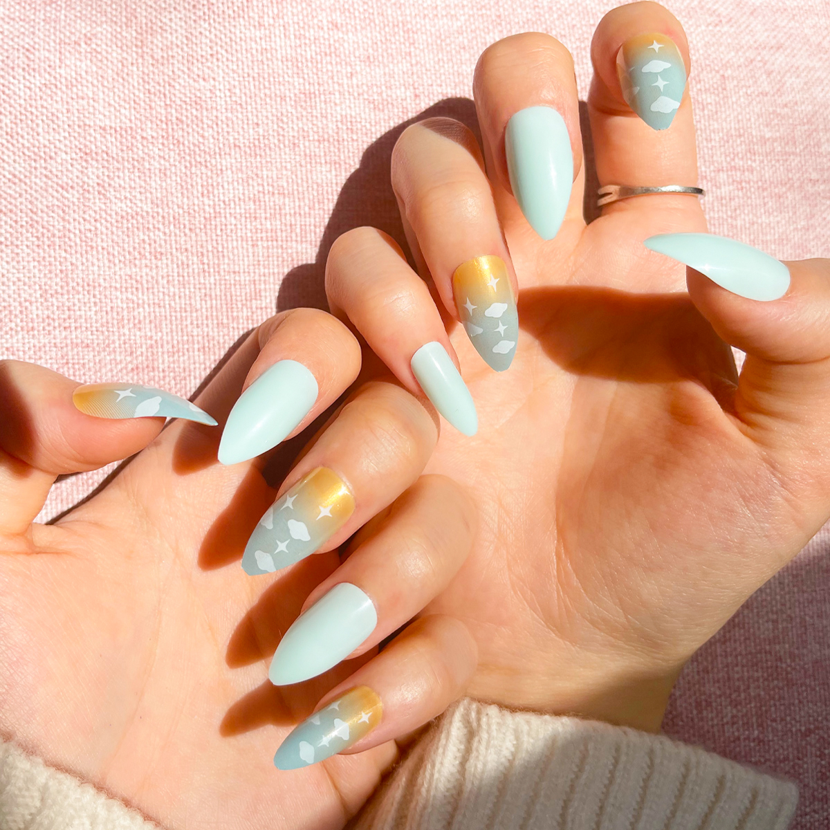 24 PCS PRESS ON NAIL TIPS STILETTO SHAPE CLOUD AND STAR PATTERN full figure