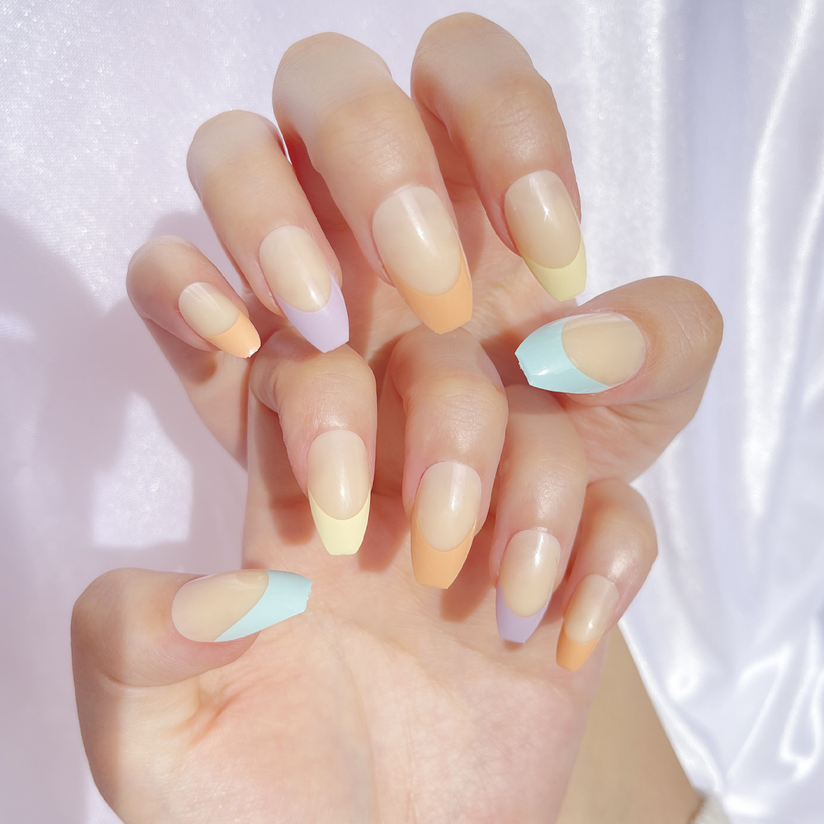24 PCS PRESS ON NAIL TIPS COFFIN SHAPE FRENCH STYLE MULTICOLORED full figure