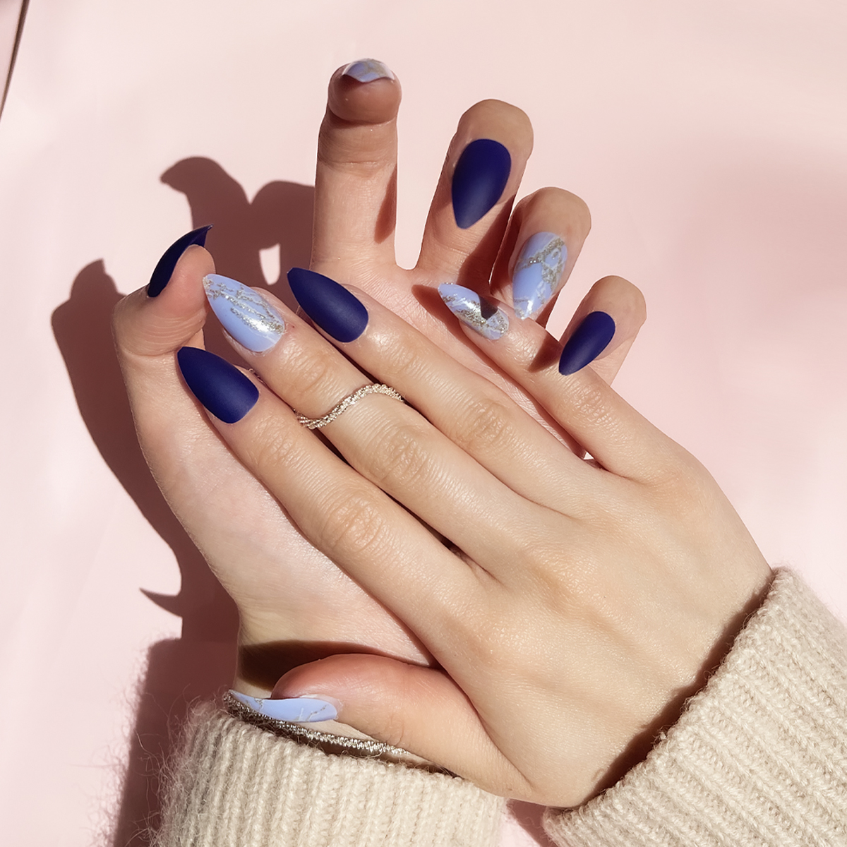 24 PCS PRESS ON NAIL TIPS STILETTO SHAPE BLUE MATTE WITH GOLD GLITTER details Picture