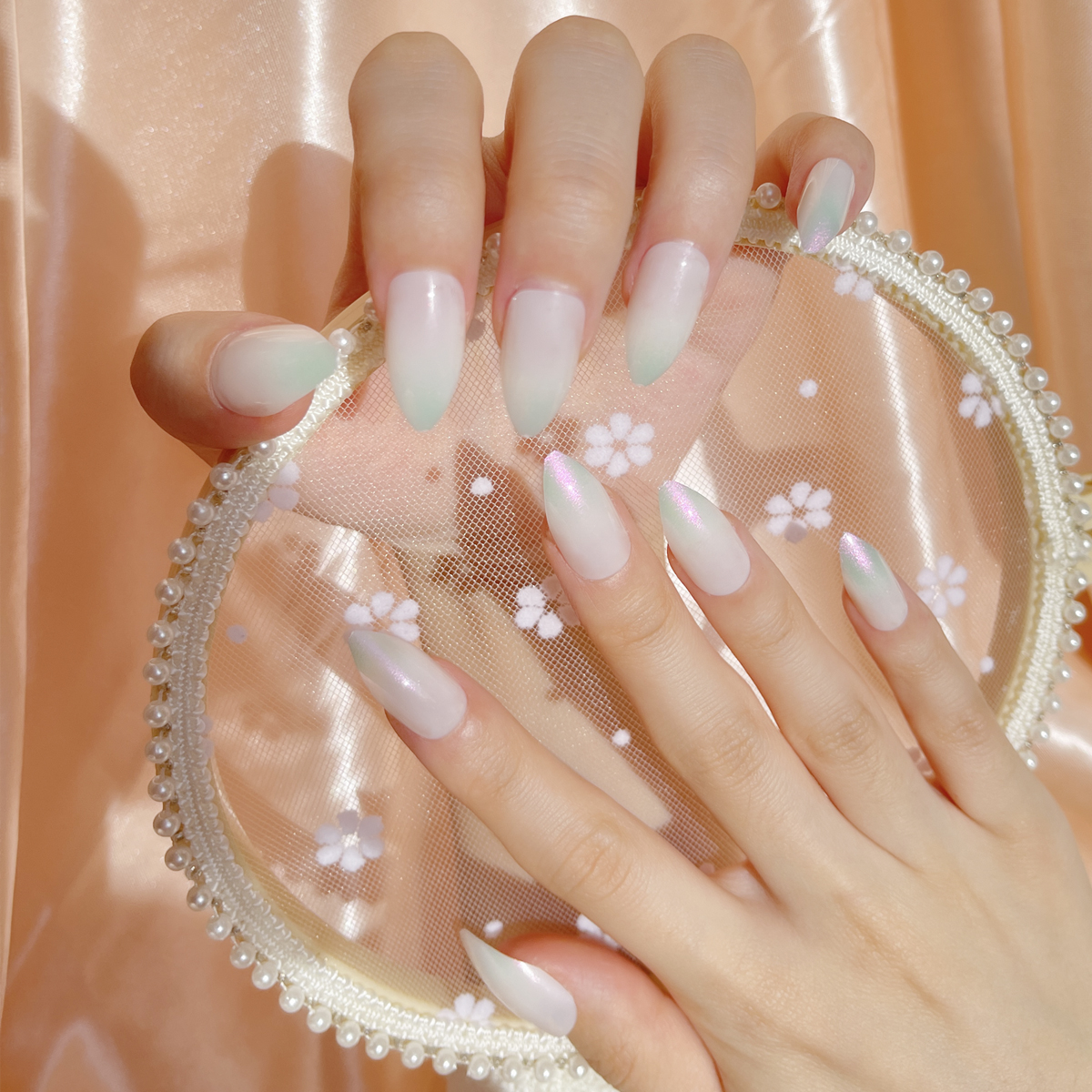 24 PCS PRESS ON NAIL TIPS STILETTO SHAPE GREEN PEARL GRADIENT Specification drawing
